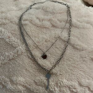 Silver Layered Necklace with Key and Heart Pendant